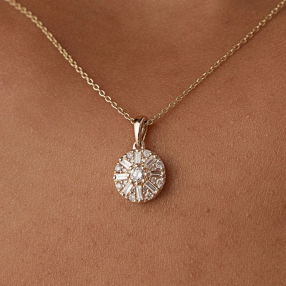 14K Solid Gold Baguette and Round Diamond Cluster Pendant Necklace 0.32ctw