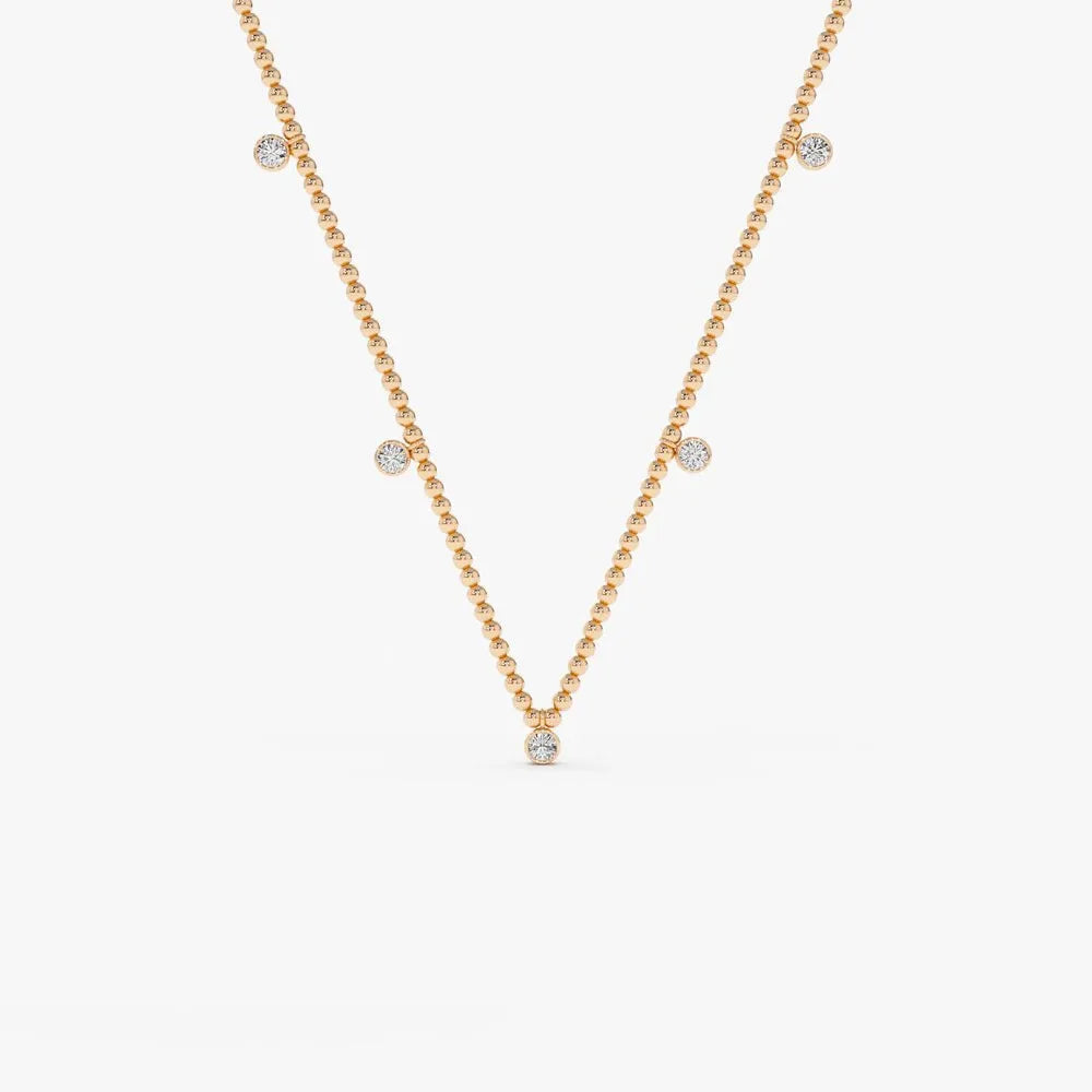 14K Solid Gold Round Diamond 5 Stone Dangling Bezel Set 2mm Bead Necklace 0.36ctw