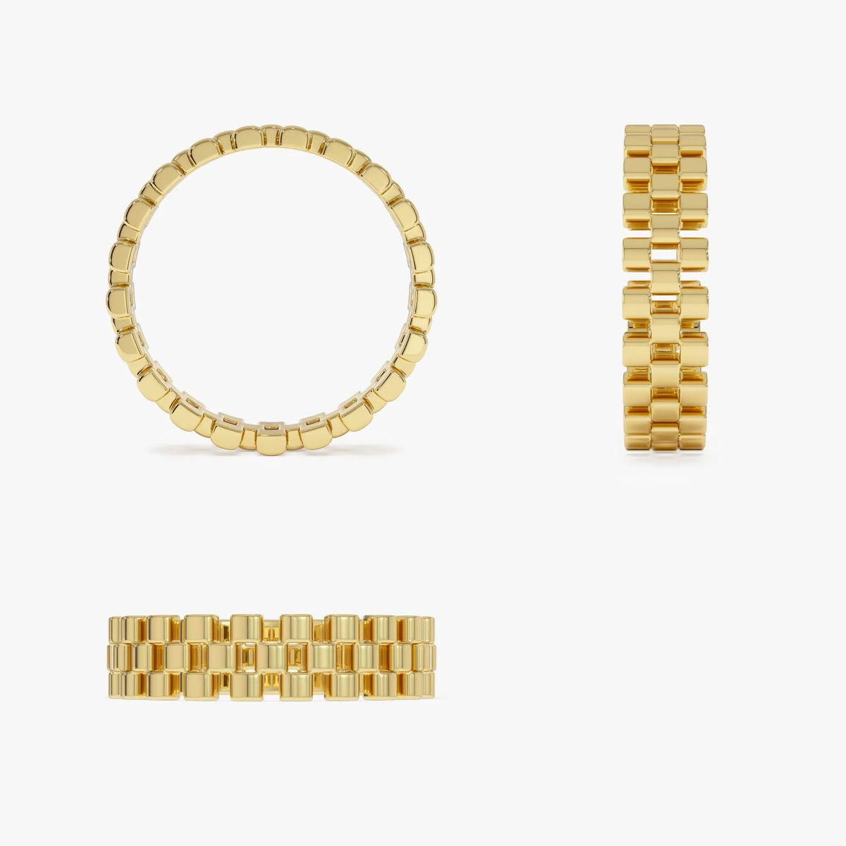 14k Gold 3 Row Link Ring Wide Statement Band