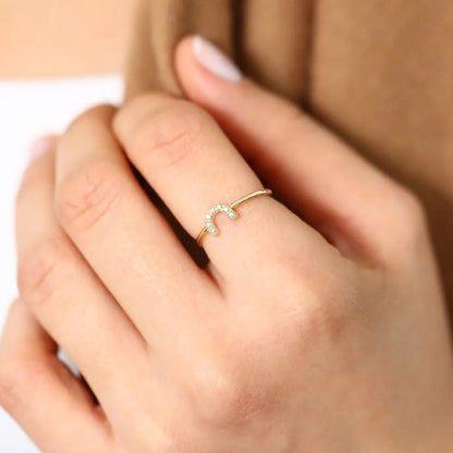 14K Gold White Diamond Round Cut Horseshoe Ring Micro Pave Stackable 0.04 CTW