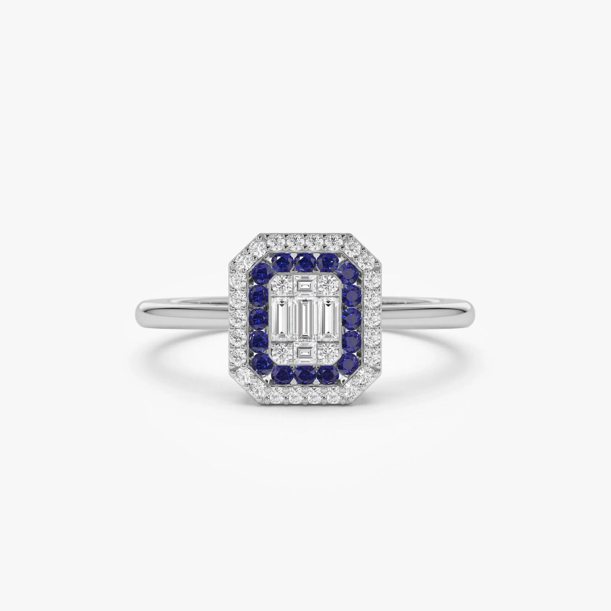 14k Gold Sapphire and Diamond Baguette and Round Cut Halo Setting Ring 0.47 ctw