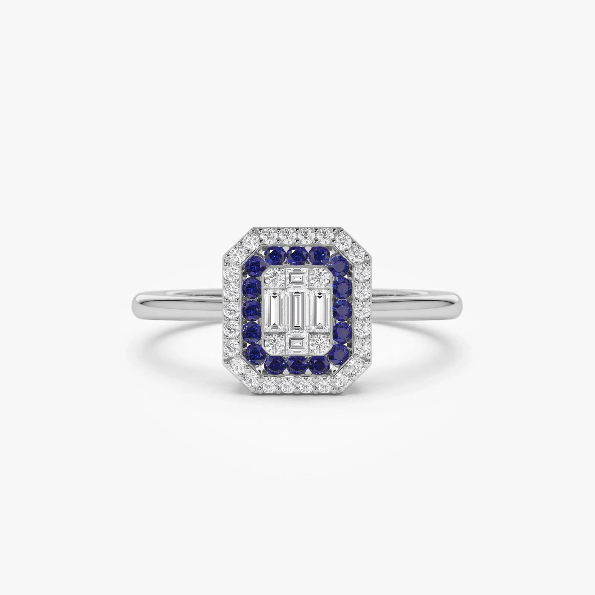 14k Gold Sapphire and Diamond Baguette and Round Cut Halo Setting Ring 0.47 ctw