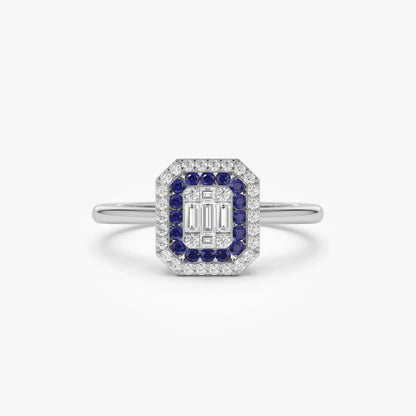 14k Gold Sapphire and Diamond Baguette and Round Cut Halo Setting Ring 0.47 ctw