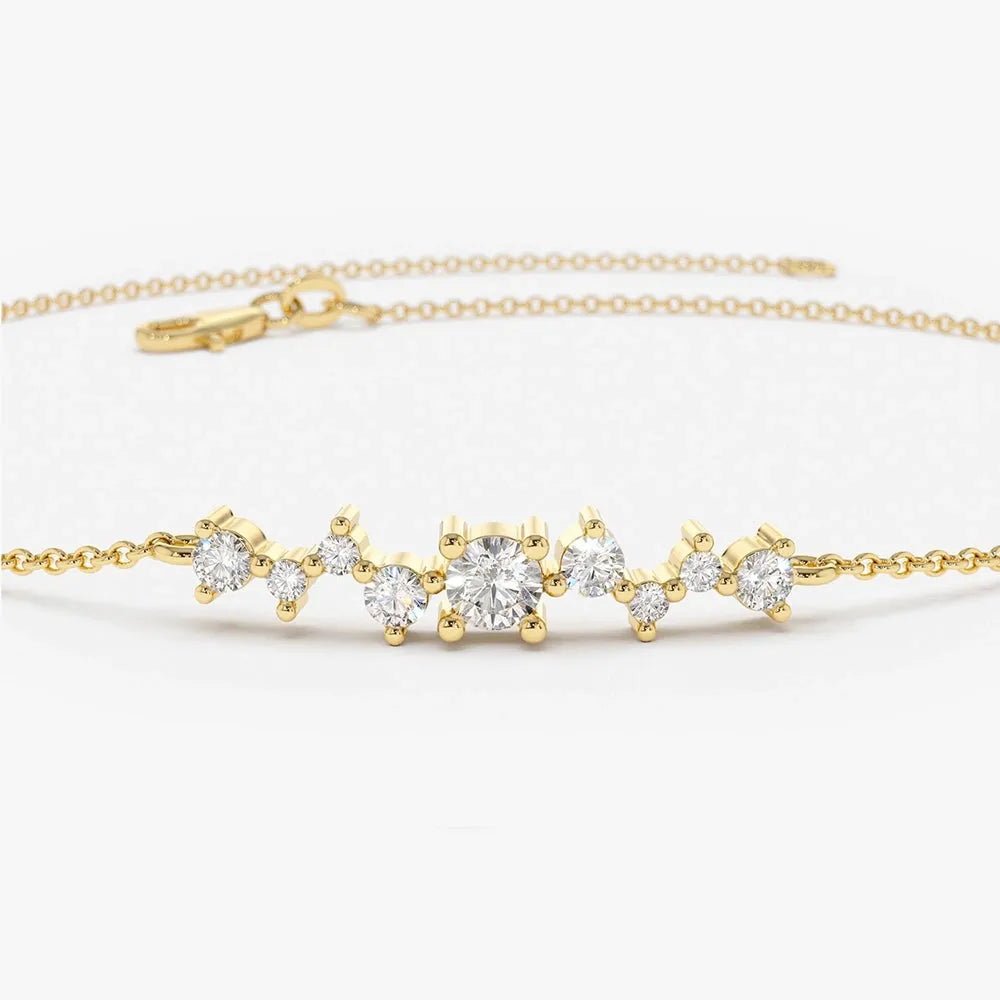 14K Solid Gold Round Diamond Multi Stone Cluster Chain Bracelet Prong Setting 0.27 Carat