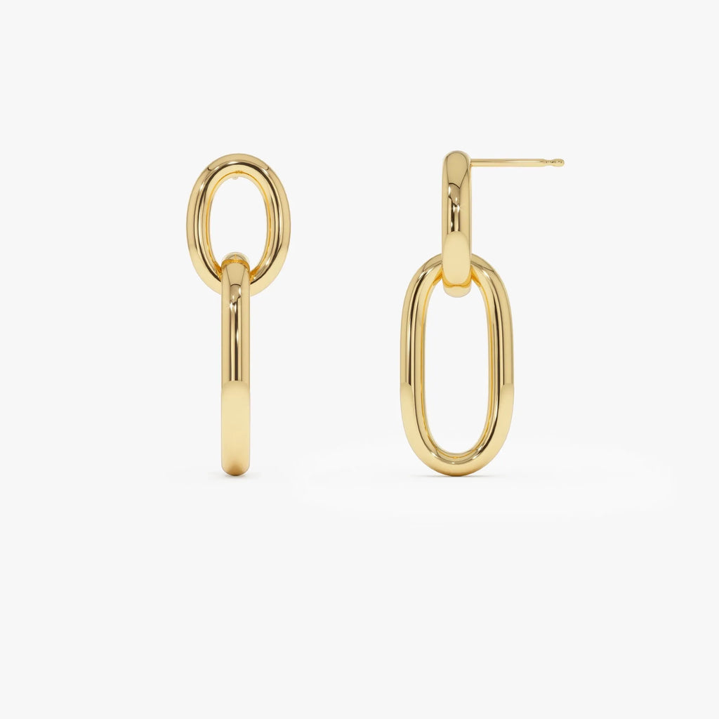 14k Yellow Gold Double Link Dangle Earrings Statement Drop Design 3mm Width