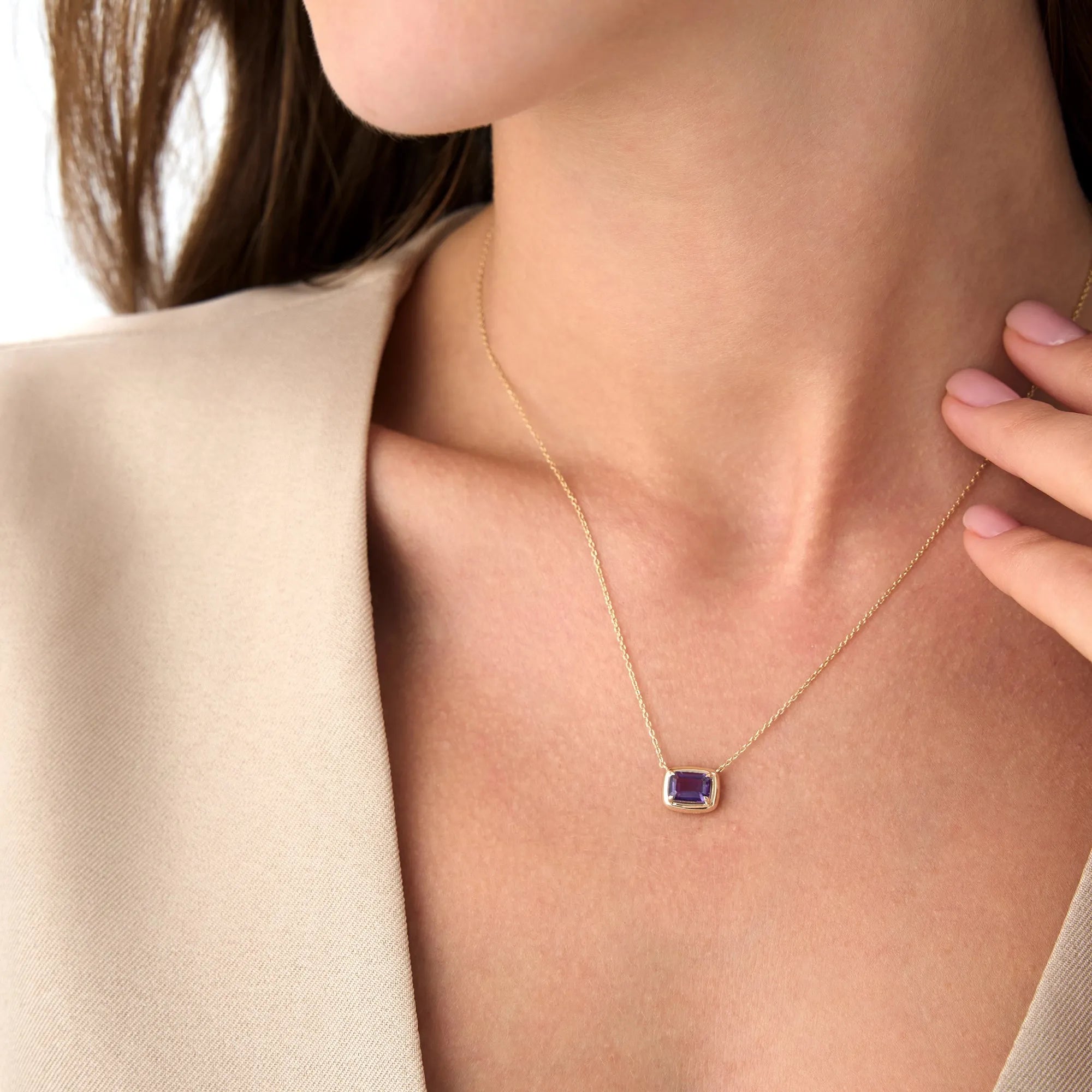 14k Solid Gold Amethyst Emerald Cut Necklace 0.95 Carat Prong Setting