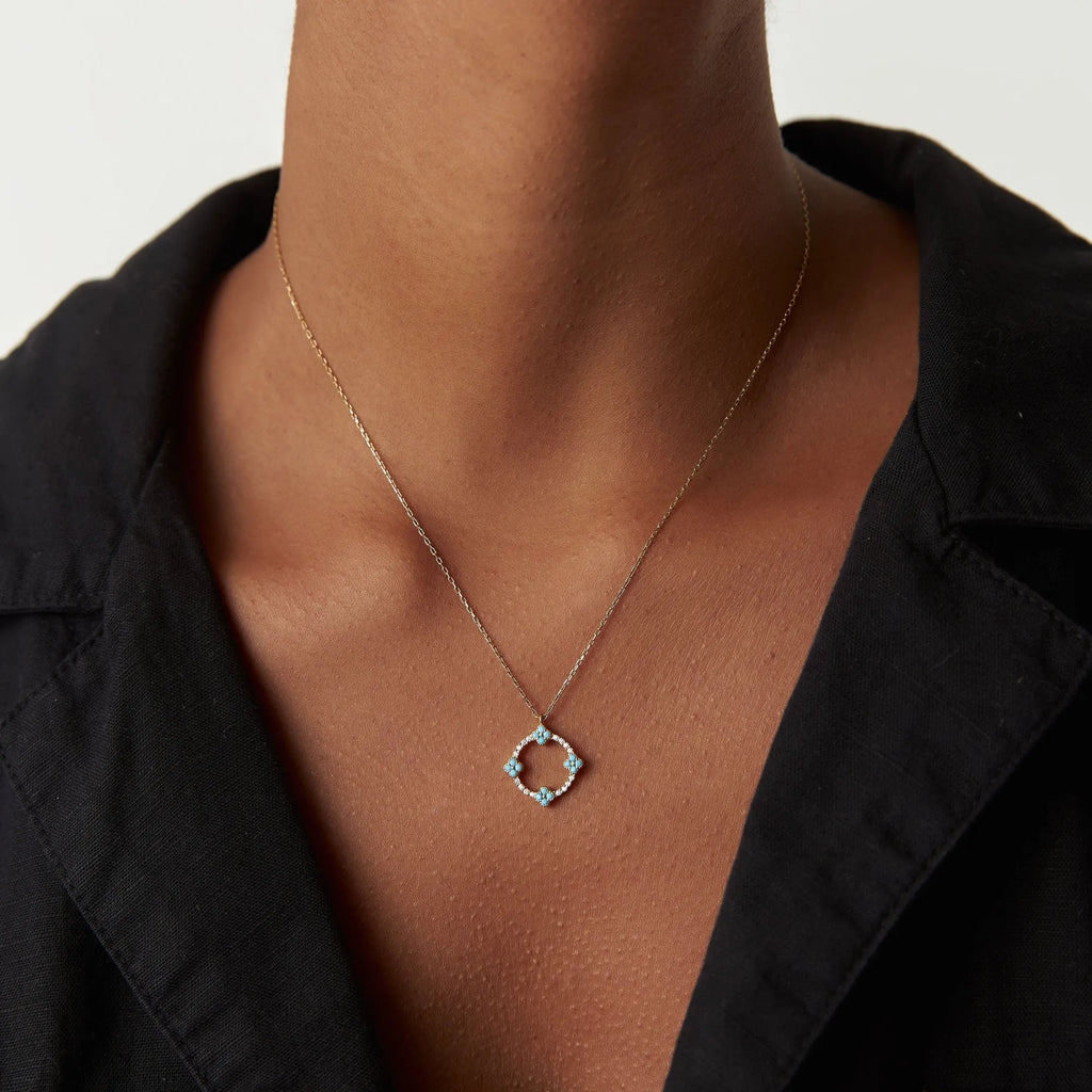 14k Solid Gold Turquoise and Diamond Round Clover Necklace 0.33 Carat