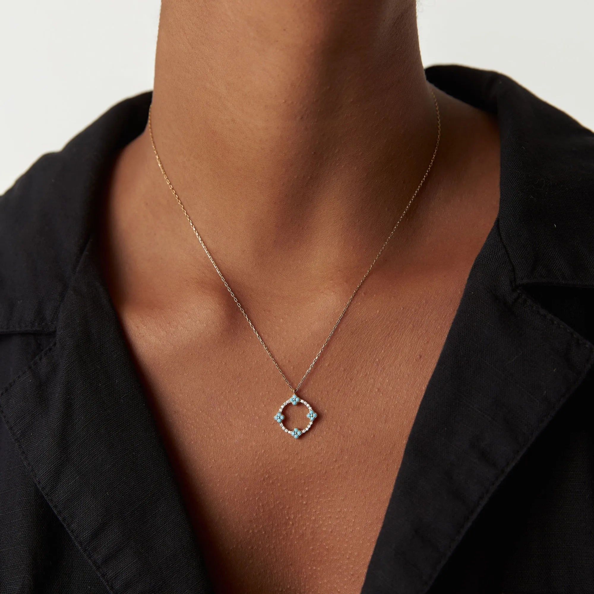 14k Solid Gold Turquoise and Diamond Round Clover Necklace 0.33 Carat