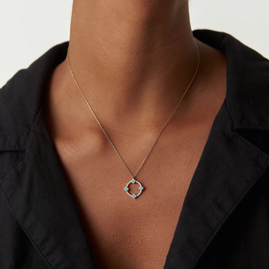 14k Solid Gold Turquoise and Diamond Round Clover Necklace 0.33 Carat