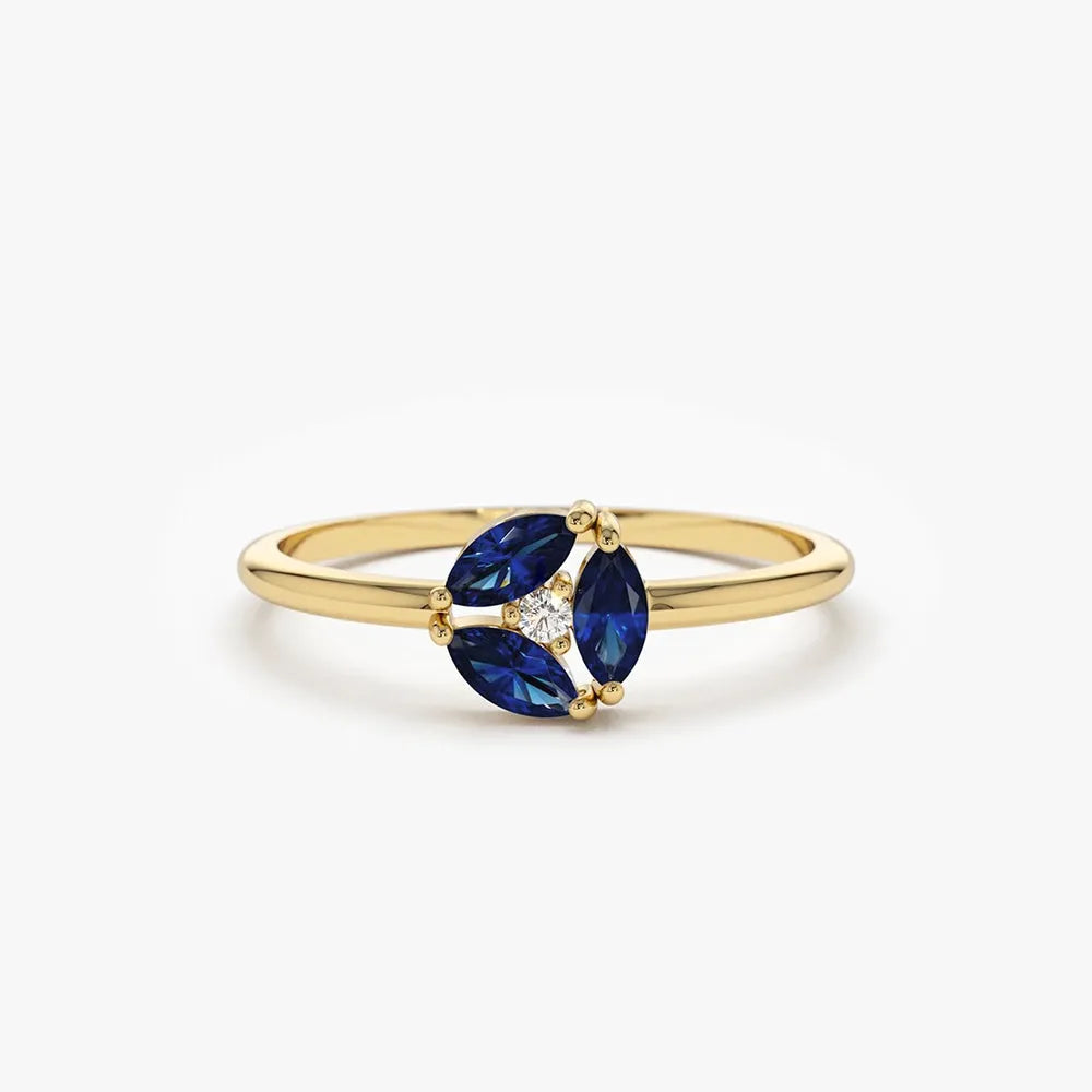 14k Solid Gold Marquise Sapphire and Round Diamond Cluster Ring 0.31 ctw