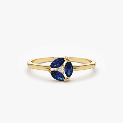 14k Solid Gold Marquise Sapphire and Round Diamond Cluster Ring 0.31 ctw