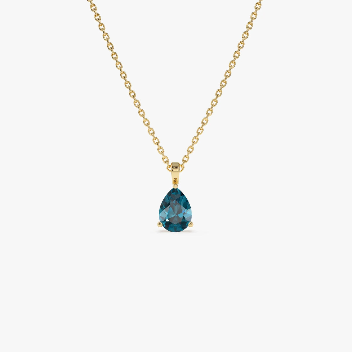 14k Solid Gold London Blue Topaz Pear Shaped Solitaire Necklace 0.80 Carat