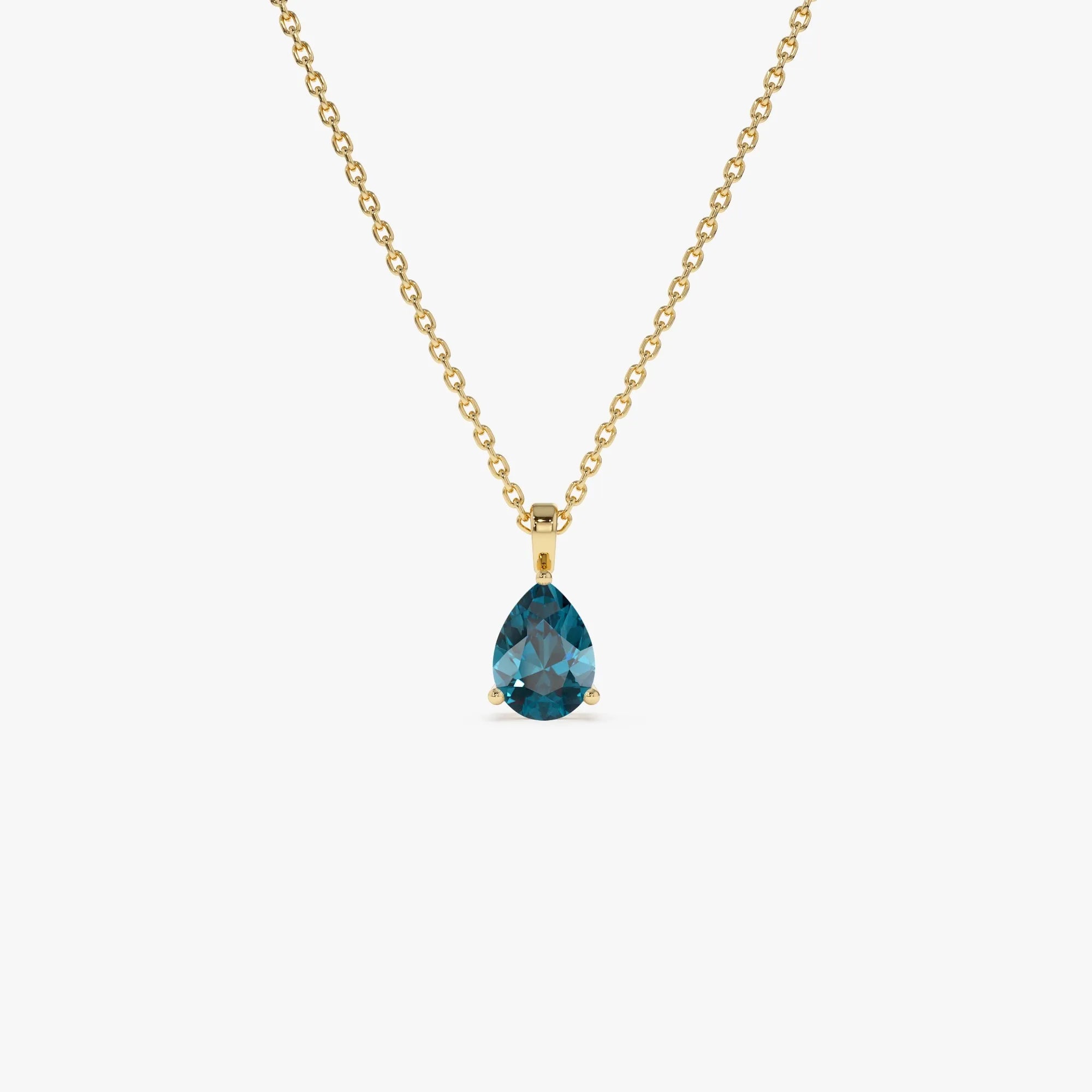 14k Solid Gold London Blue Topaz Pear Shaped Solitaire Necklace 0.80 Carat