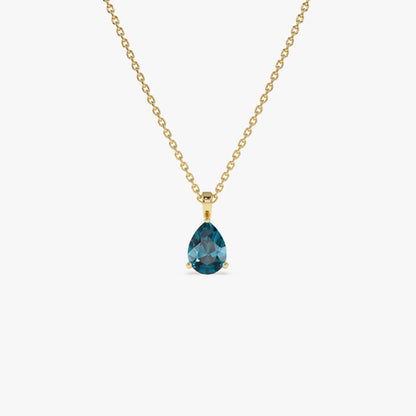 14k Solid Gold London Blue Topaz Pear Shaped Solitaire Necklace 0.80 Carat