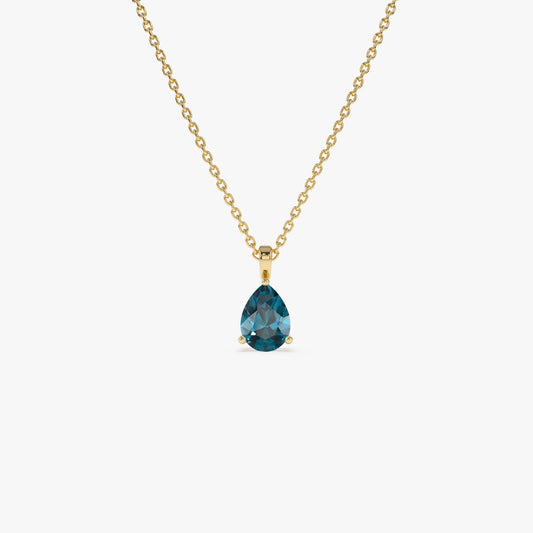 14k Solid Gold London Blue Topaz Pear Shaped Solitaire Necklace 0.80 Carat