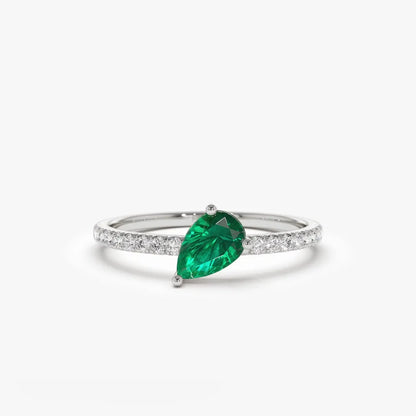 14K Solid Gold Slanted Pear Emerald and Round Diamond Pave Ring 0.50 CTW Handcrafted Jewelry