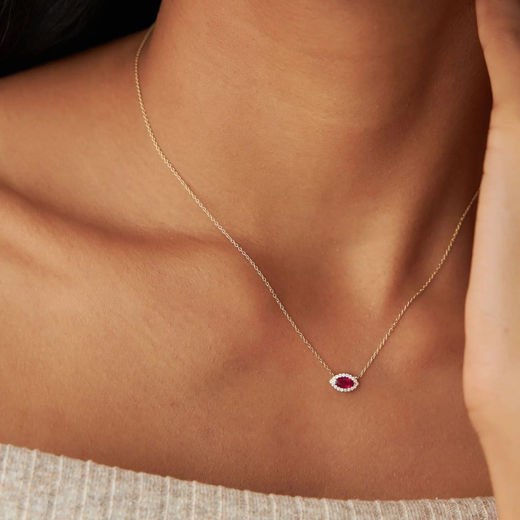 14k Solid Gold Ruby and Diamond Marquise Round Halo Necklace 0.30 Carat Prong Setting