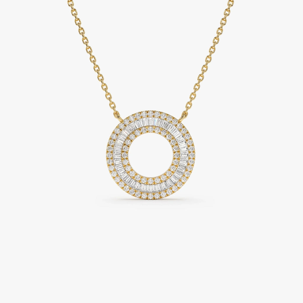14K Solid Gold Baguette and Round Diamond Circle Pendant Necklace 0.51ctw