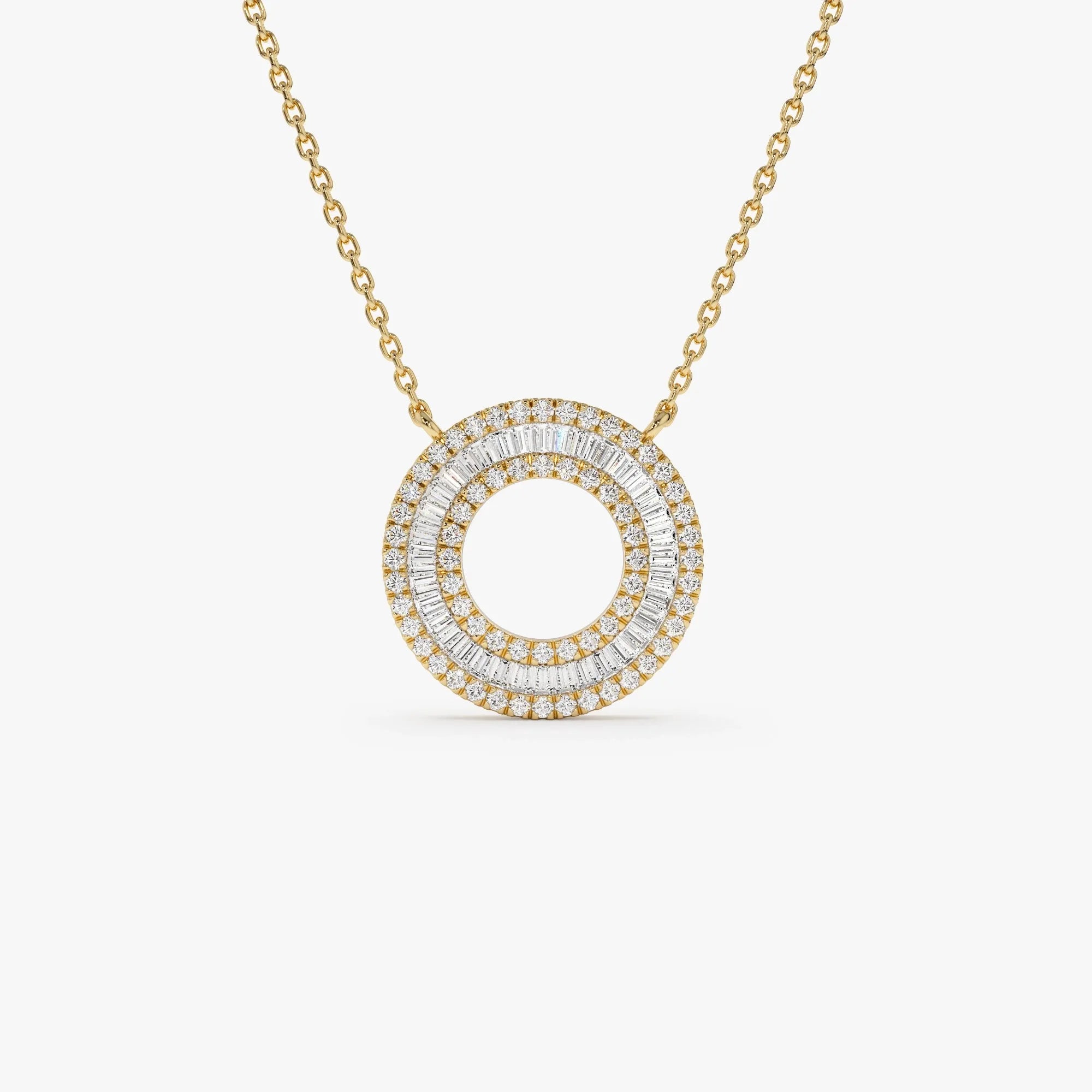 14K Solid Gold Baguette and Round Diamond Circle Pendant Necklace 0.51ctw