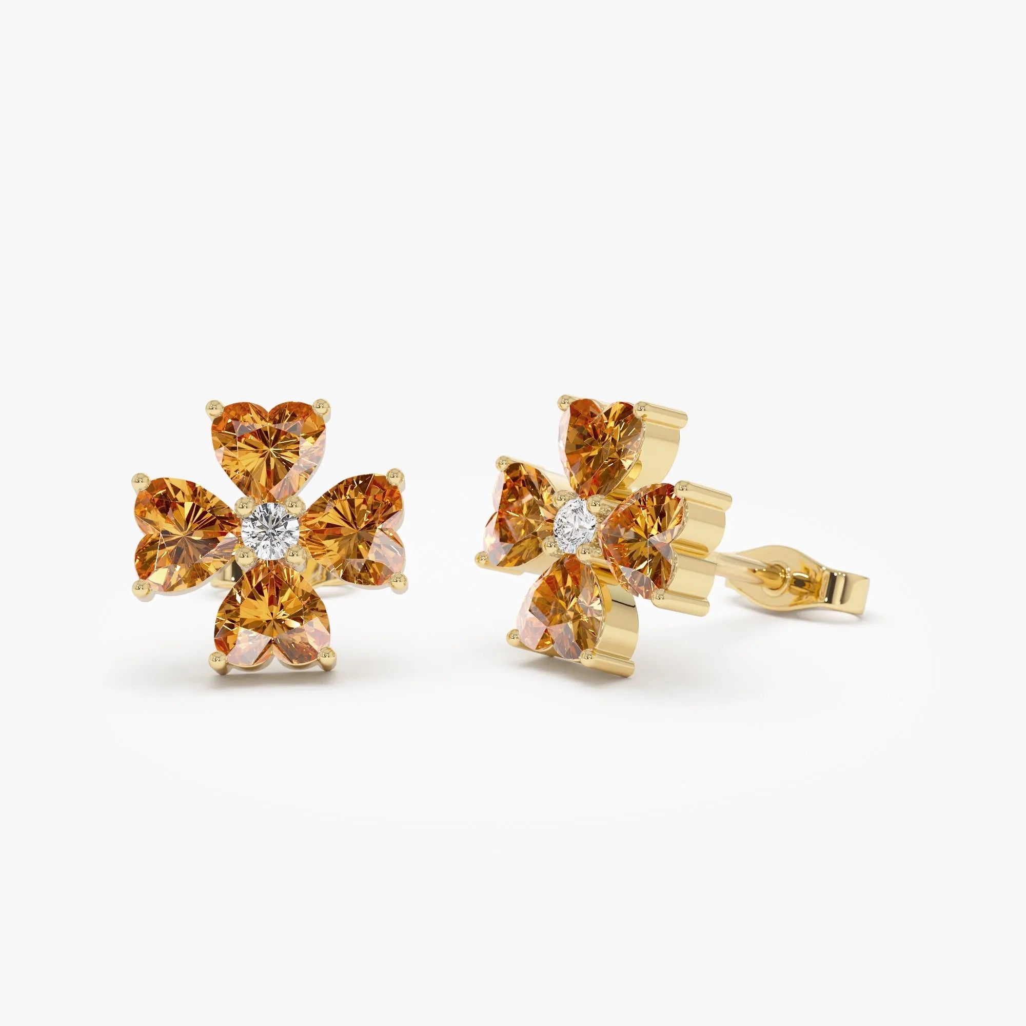 14K Solid Gold Heart Shaped Citrine and Diamond Four Leaf Clover Stud Earrings