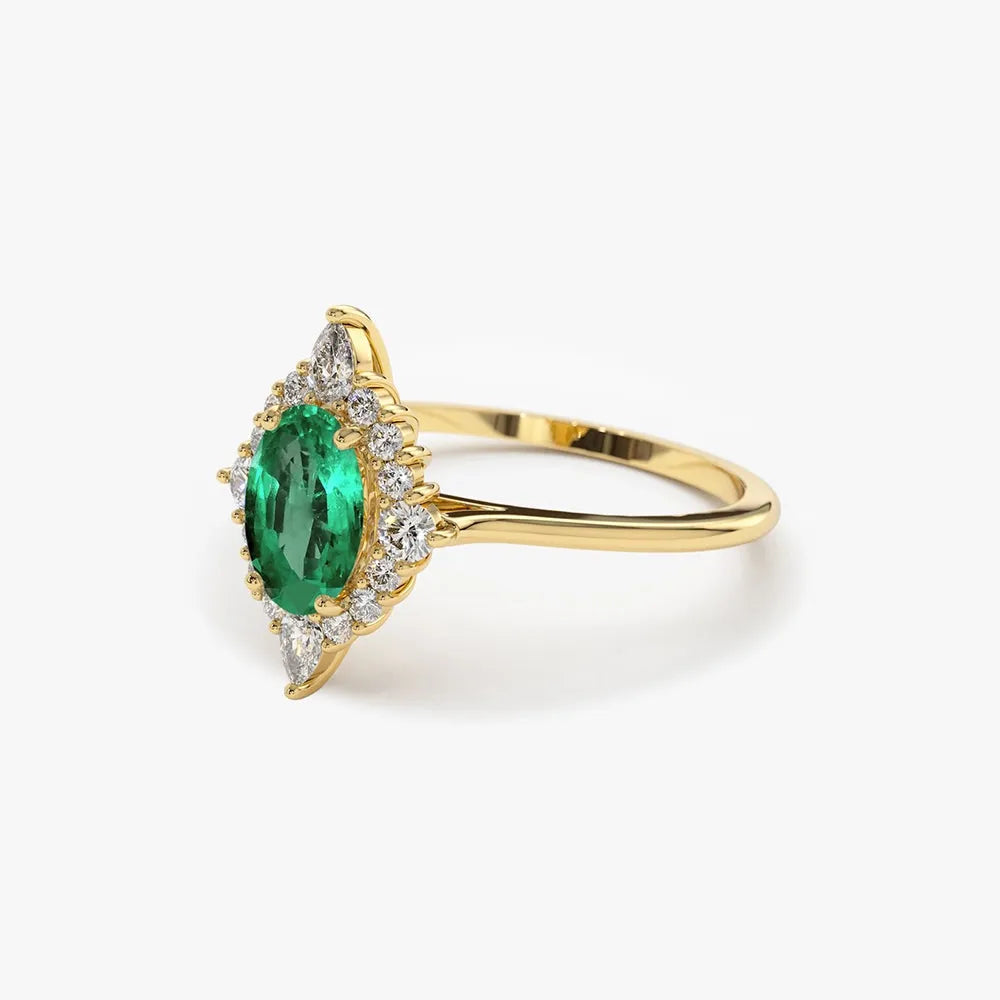 14K Solid Gold Oval Emerald and Pear Round Diamond Ballerina Ring 0.88 CTW