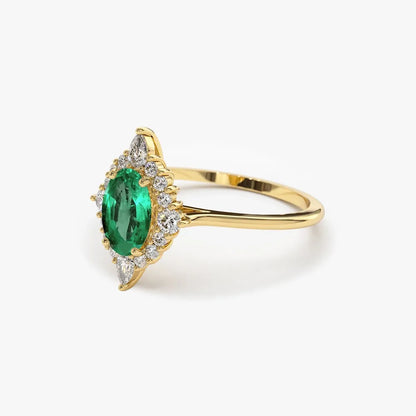 14K Solid Gold Oval Emerald and Pear Round Diamond Ballerina Ring 0.88 CTW