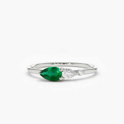 14K Solid Gold Pear Emerald and Round Diamond Three Stone Ring 0.30 CTW Handcrafted Jewelry