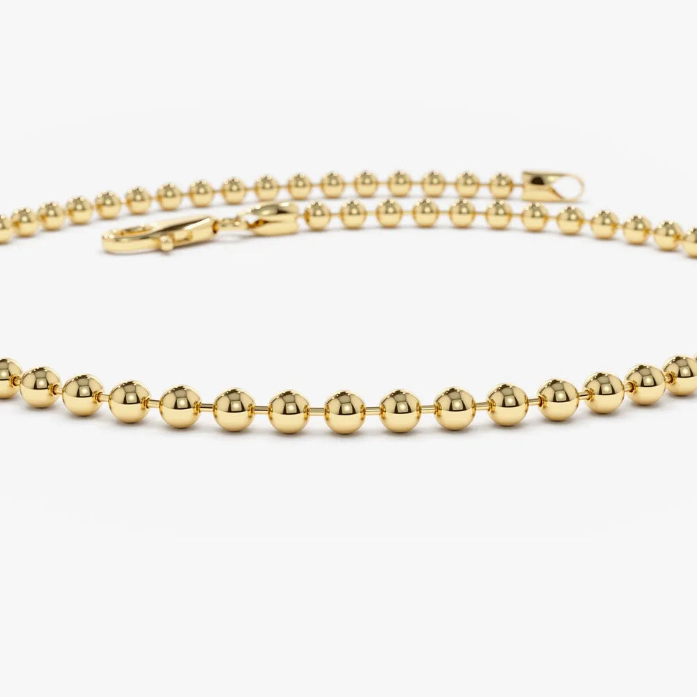 14k Solid Gold 2mm Beaded Ball Chain Bracelet