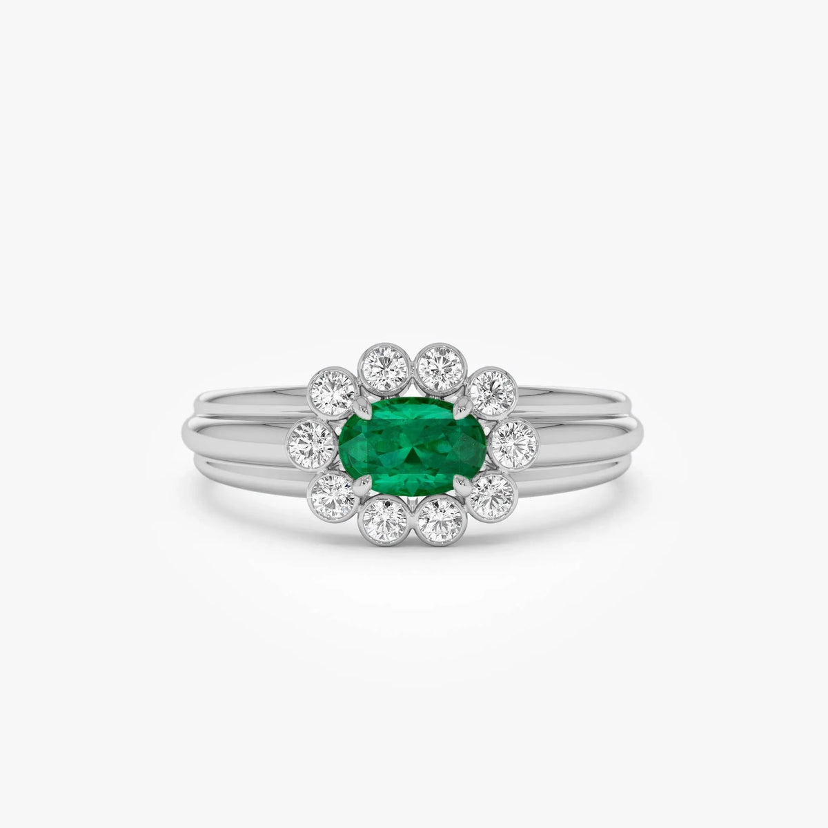 14K Solid Gold Oval Emerald and Round Diamond Bezel Halo Ring 0.60 CTW