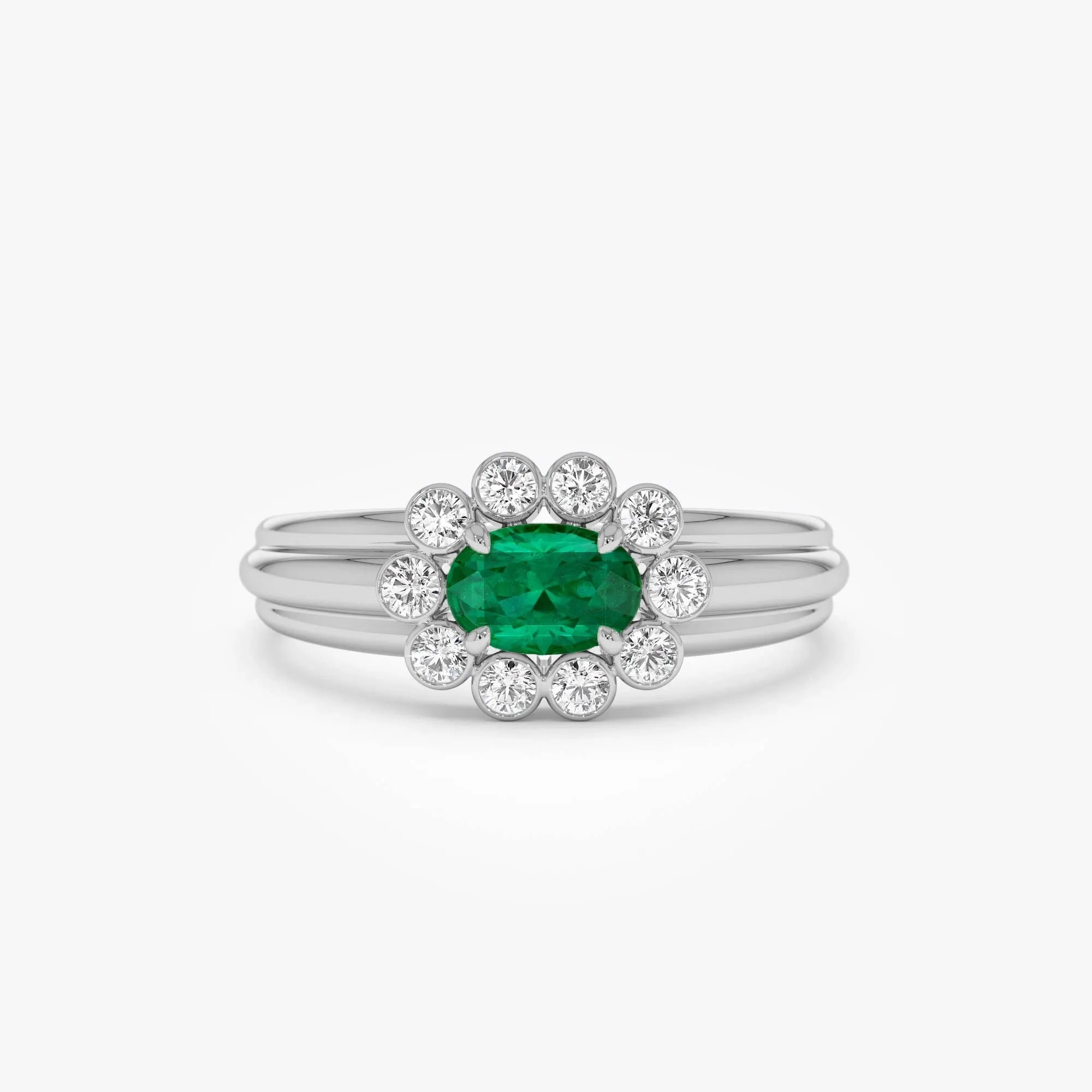 14K Solid Gold Oval Emerald and Round Diamond Bezel Halo Ring 0.60 CTW