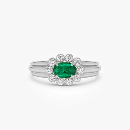 14K Solid Gold Oval Emerald and Round Diamond Bezel Halo Ring 0.60 CTW