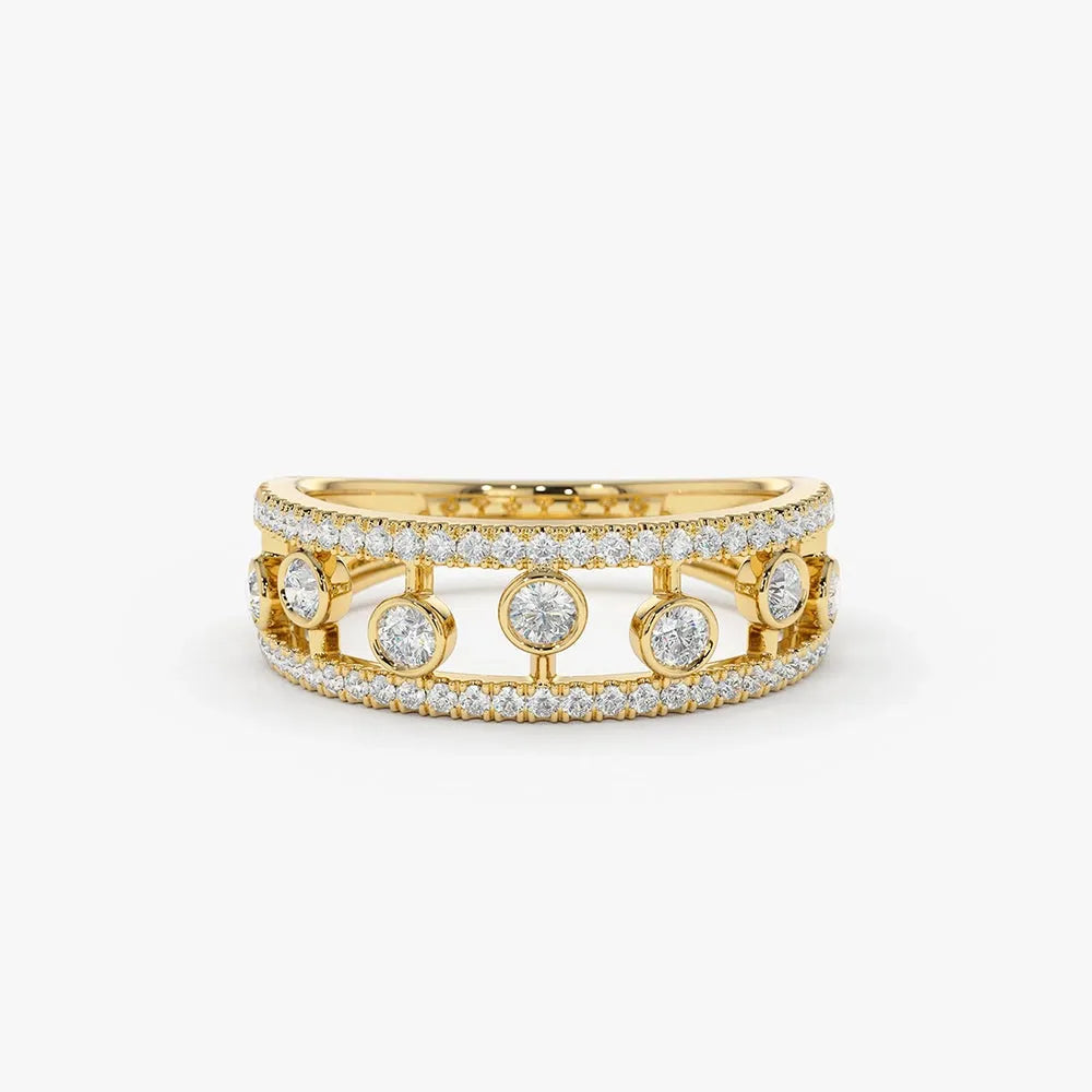 14k Gold Round Diamond 0.48ctw Double Row Pave Floating Bezel Set Ring