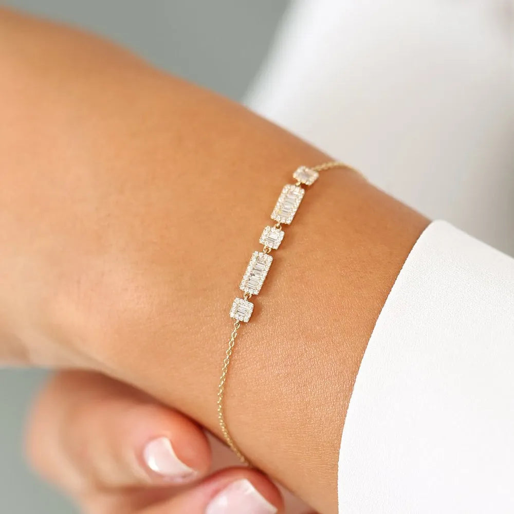 14K Solid Gold 0.45 CTW Baguette and Round Diamond Bracelet