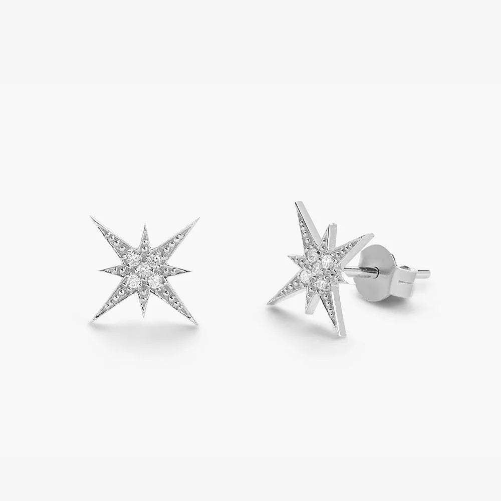 14k Gold Diamond Round Cut Starburst Cluster Stud Earrings Micro Pave 0.07 ctw