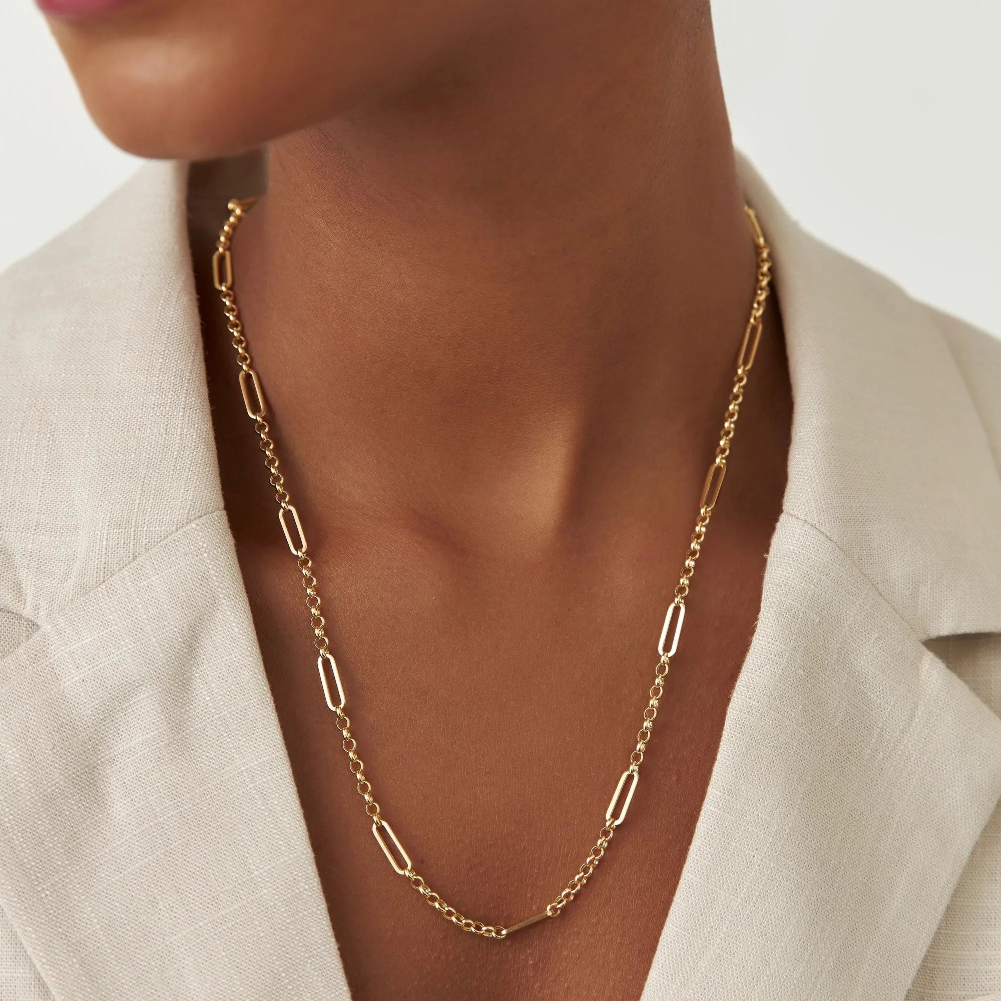 14k Solid Gold Rolo and Paperclip Mixed Link Chain Necklace