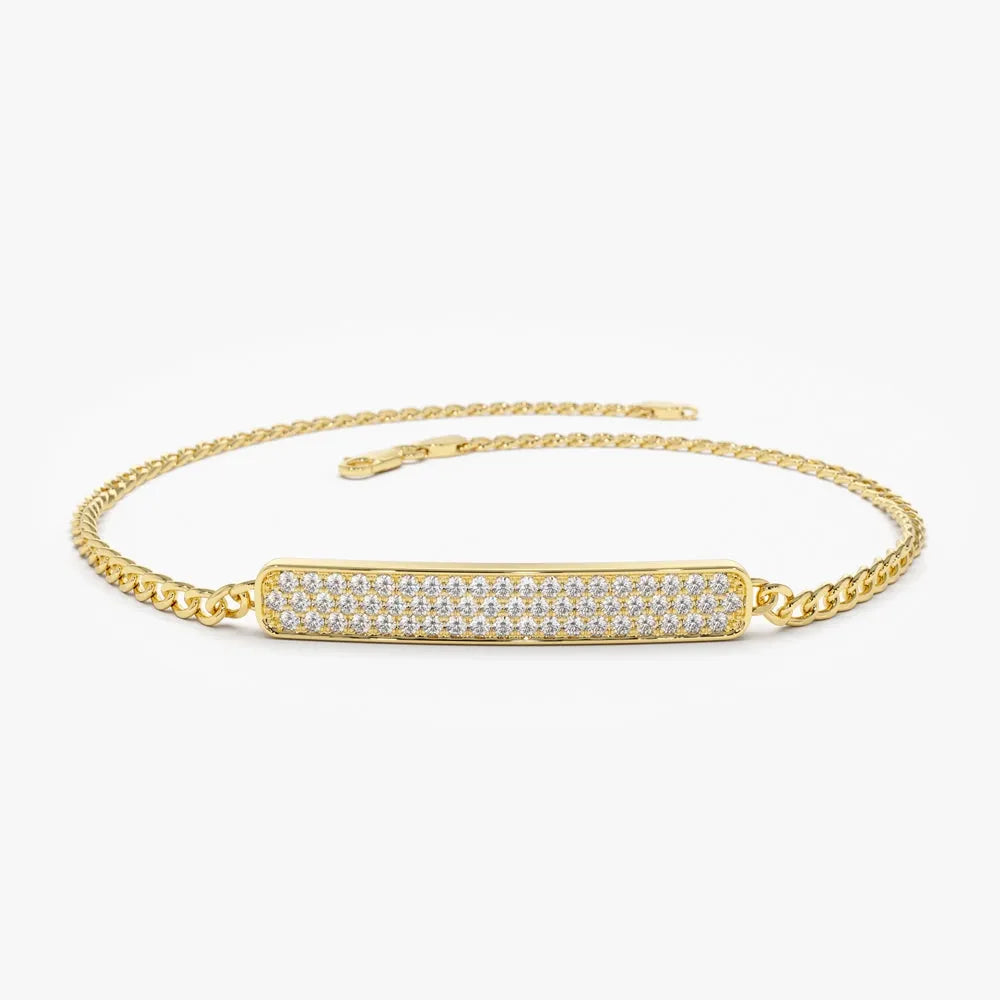 14K Solid Gold 0.39 CTW Round Diamond Pave Bar 3MM Curb Link Bracelet