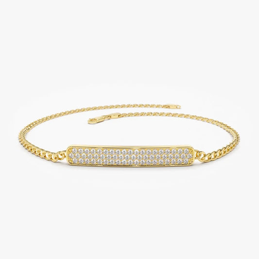 14K Solid Gold 0.39 CTW Round Diamond Pave Bar 3MM Curb Link Bracelet