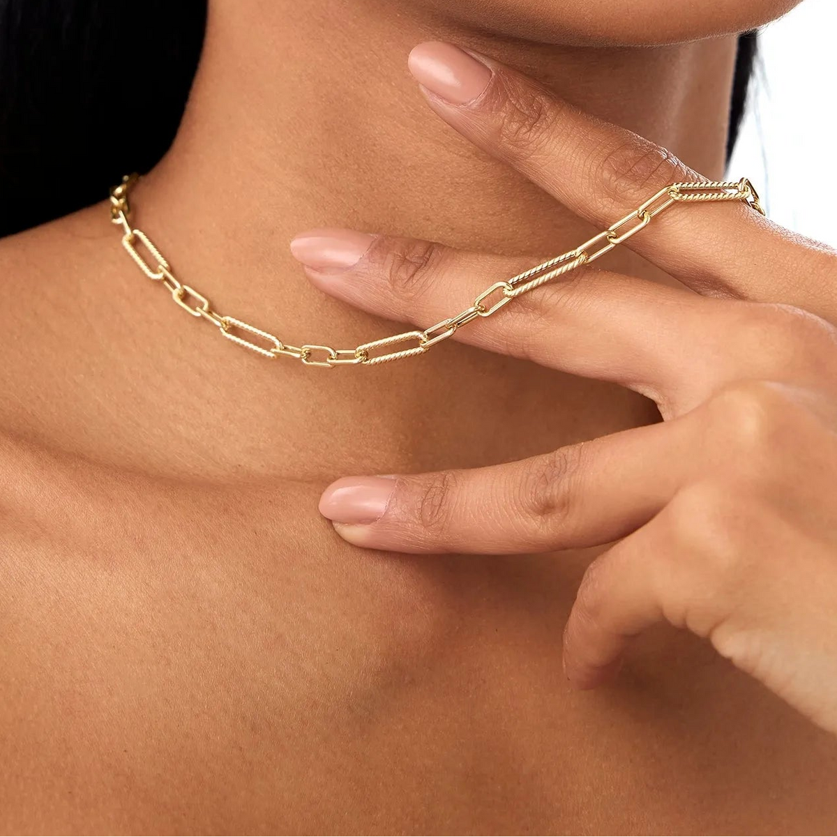 14k Solid Gold Twisted Rope and Plain Oval Paperclip Link Necklace