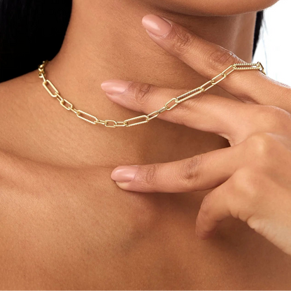 14k Solid Gold Twisted Rope and Plain Oval Paperclip Link Necklace
