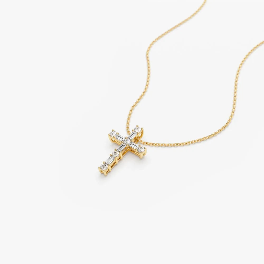 14K Solid Gold Baguette and Round Diamond Pendant Necklace 0.40ctw