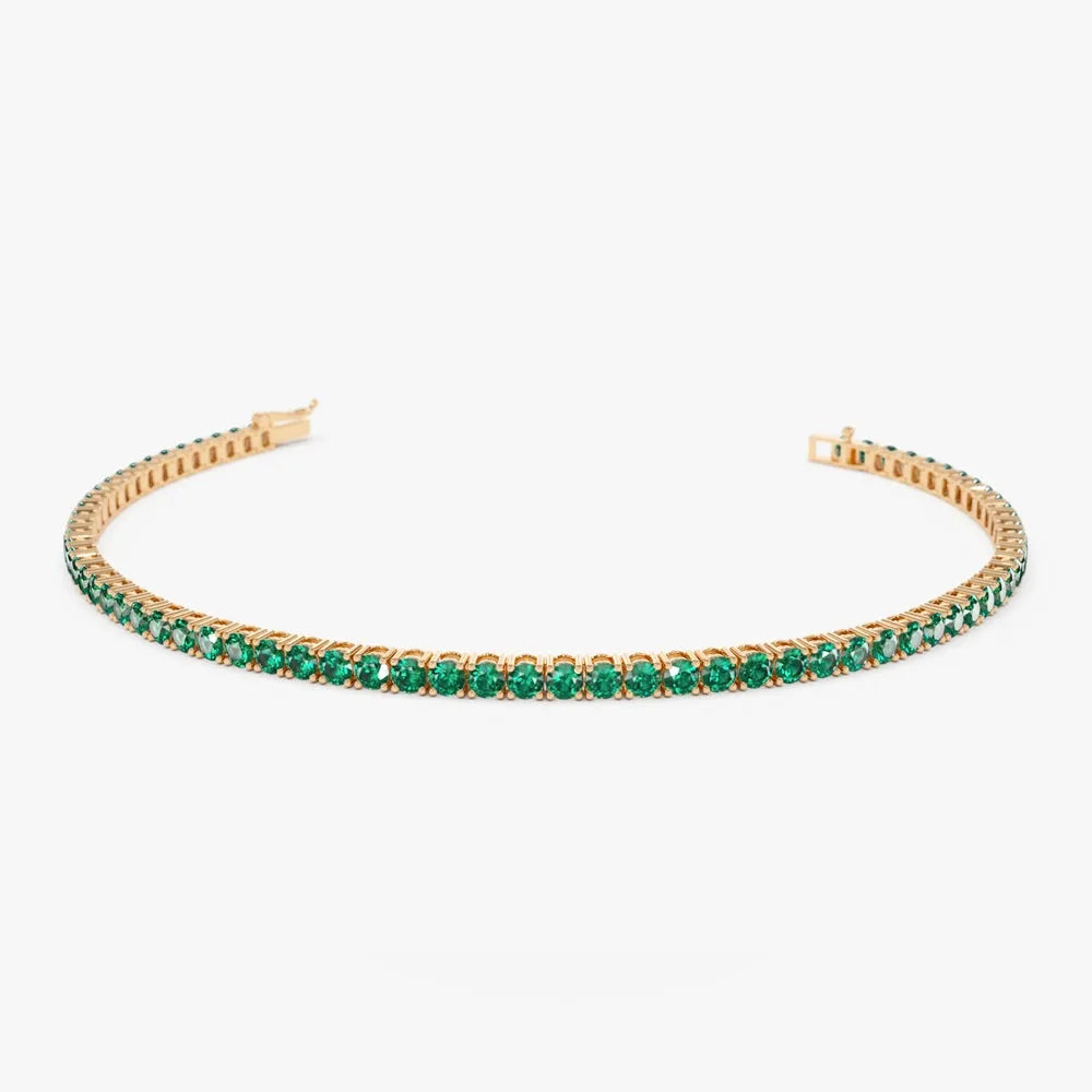 14K Solid Gold Round Emerald 4 Prong Tennis Bracelet