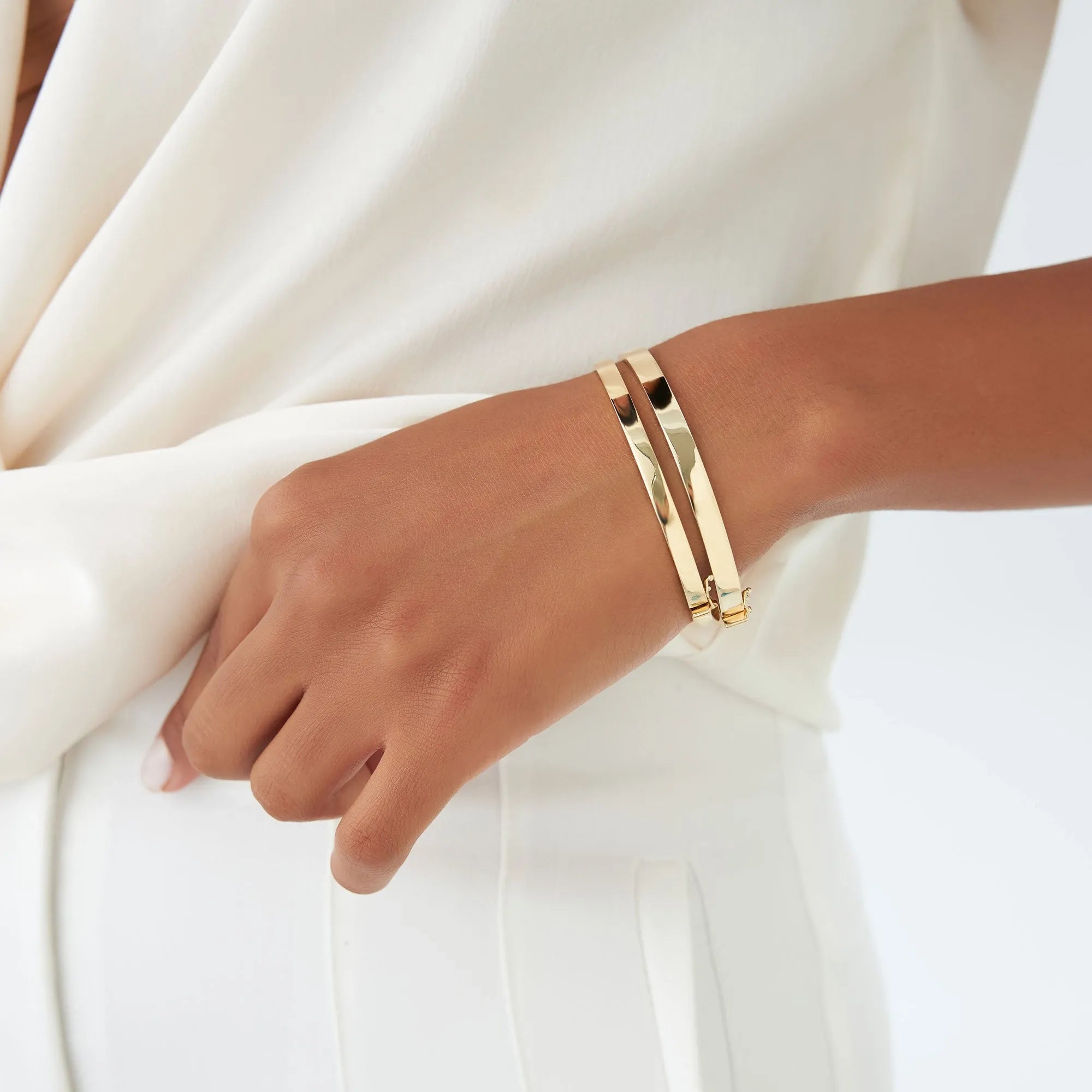 14K Solid Gold Flat Stackable Bangle Bracelet with Box Lock Closure