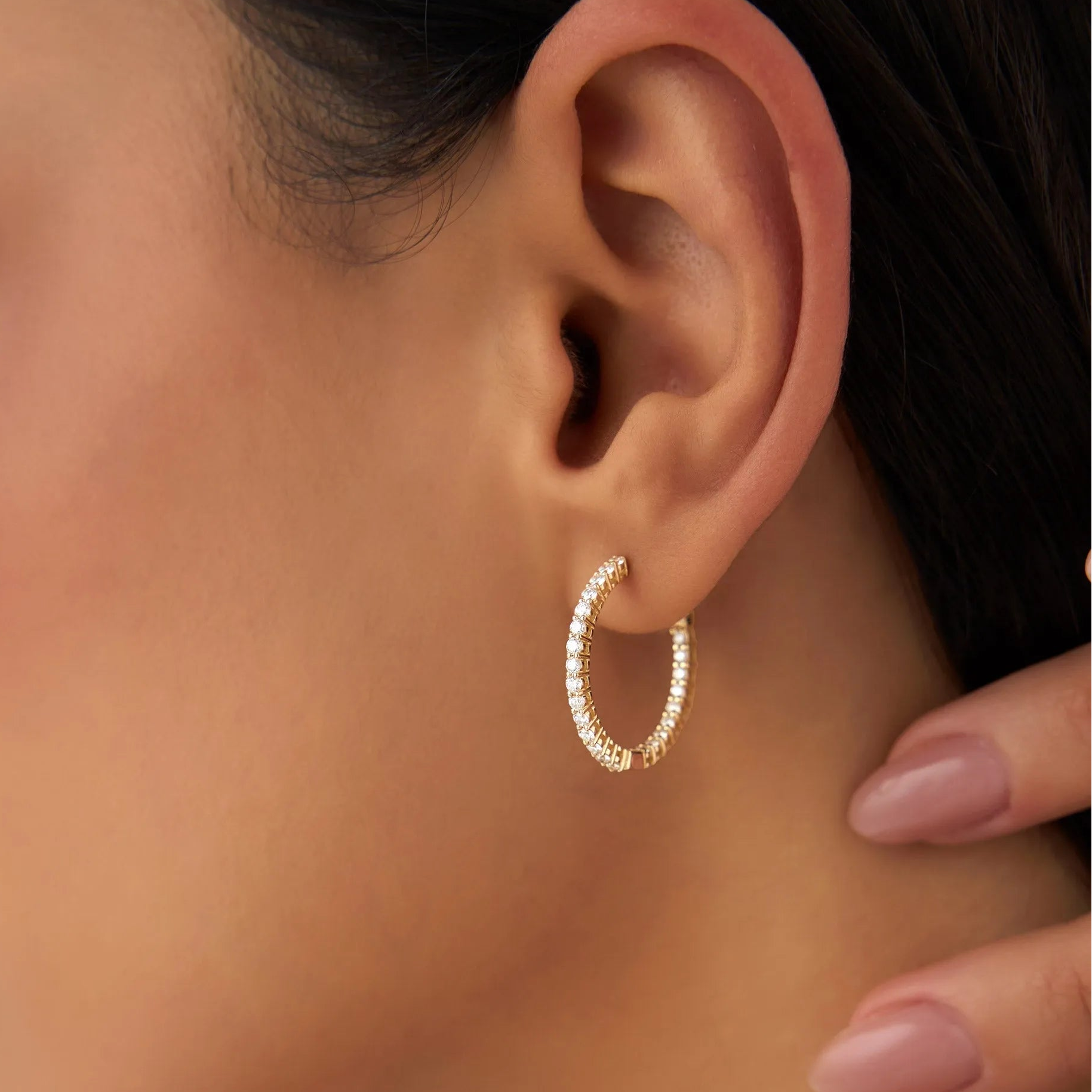 14k Gold Diamond Round Cut Inside Out Hoop Earrings Prong Setting 0.99 ctw