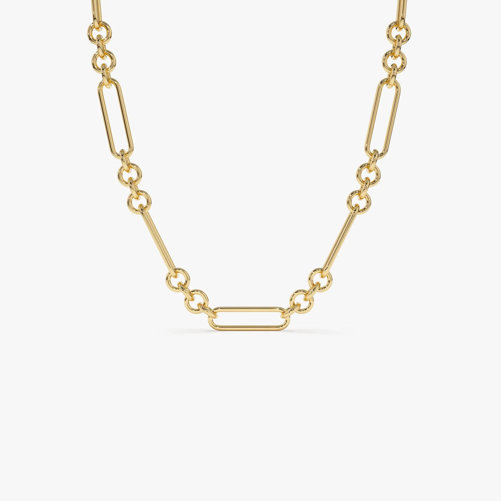 14k Solid Gold Mixed Round and Oval Paperclip Link Bolo Chain Necklace