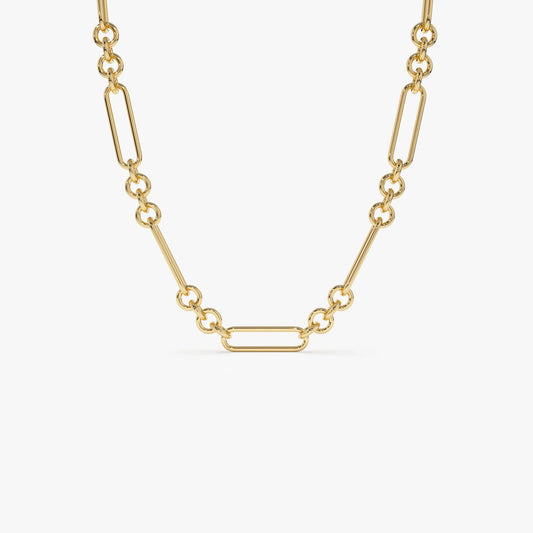 14k Solid Gold Mixed Round and Oval Paperclip Link Bolo Chain Necklace