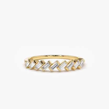 14K Gold Baguette Diamond 9 Stone Slanted Channel Set Ring 0.34 CTW