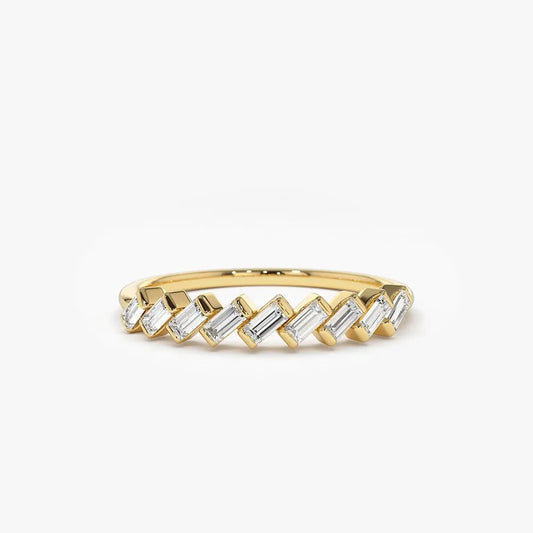 14K Gold Baguette Diamond 9 Stone Slanted Channel Set Ring 0.34 CTW