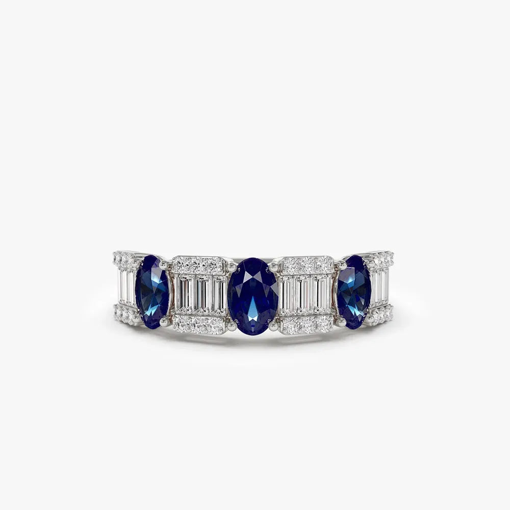 14k Gold Sapphire and Diamond Oval Baguette and Round Cut Ring 1.46 ctw