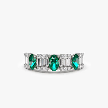 14K Solid Gold Oval Emerald and Baguette Round Diamond Ring 1.43 CTW Handcrafted Jewelry