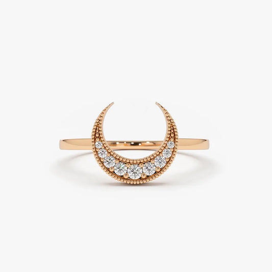 14K Gold 0.12ctw Round Diamond Crescent Moon Micro Pave Ring